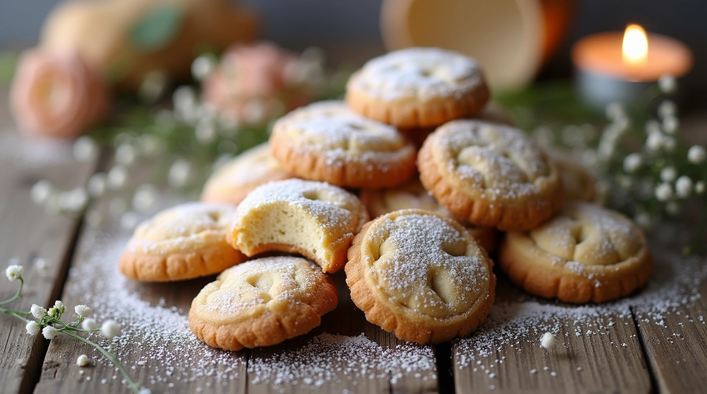 Italian wedding cookies, powdered sugar, rustic display, wedding dessert