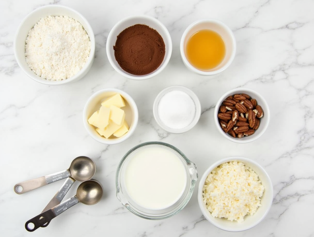 a flat lay of neatly arranged baking ingredients for german chocolate cake including