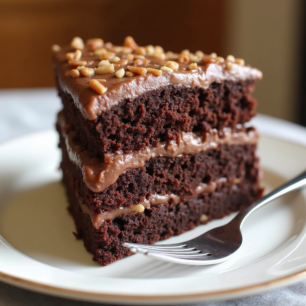 a slice of german chocolate cake placed on a white ceramic plate