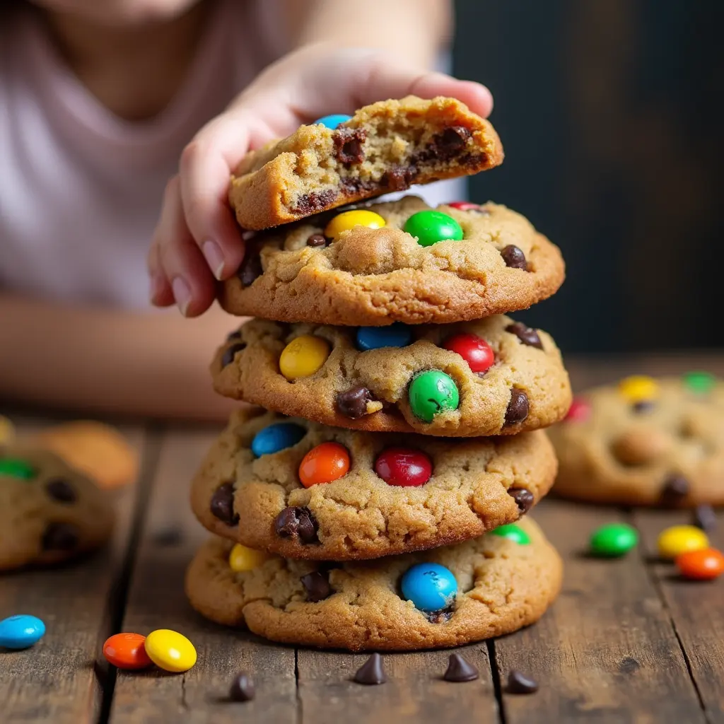 a stack of monster cookies loaded with colorful mms and chocolate -
fun cookie recipes -