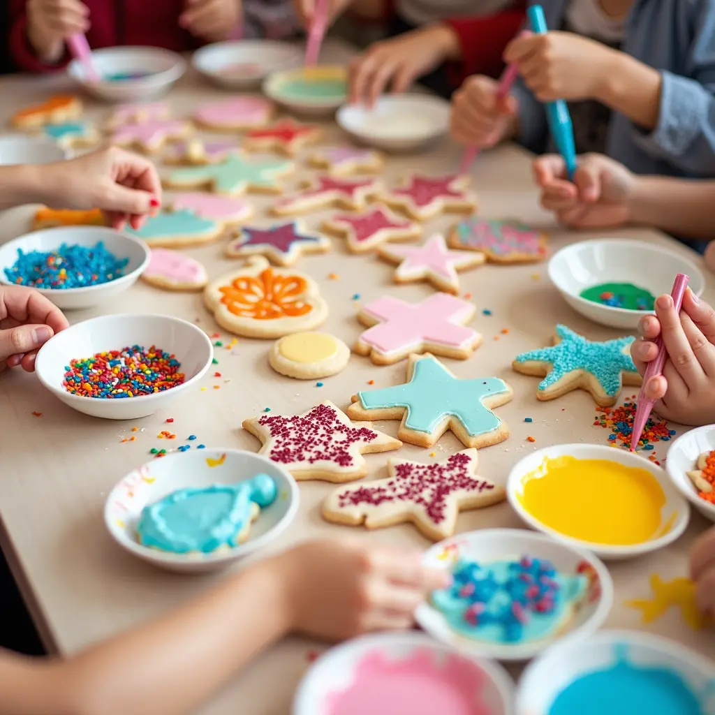 a vibrant assortment of cookies in the process of being decorated -fun cookie recipes-