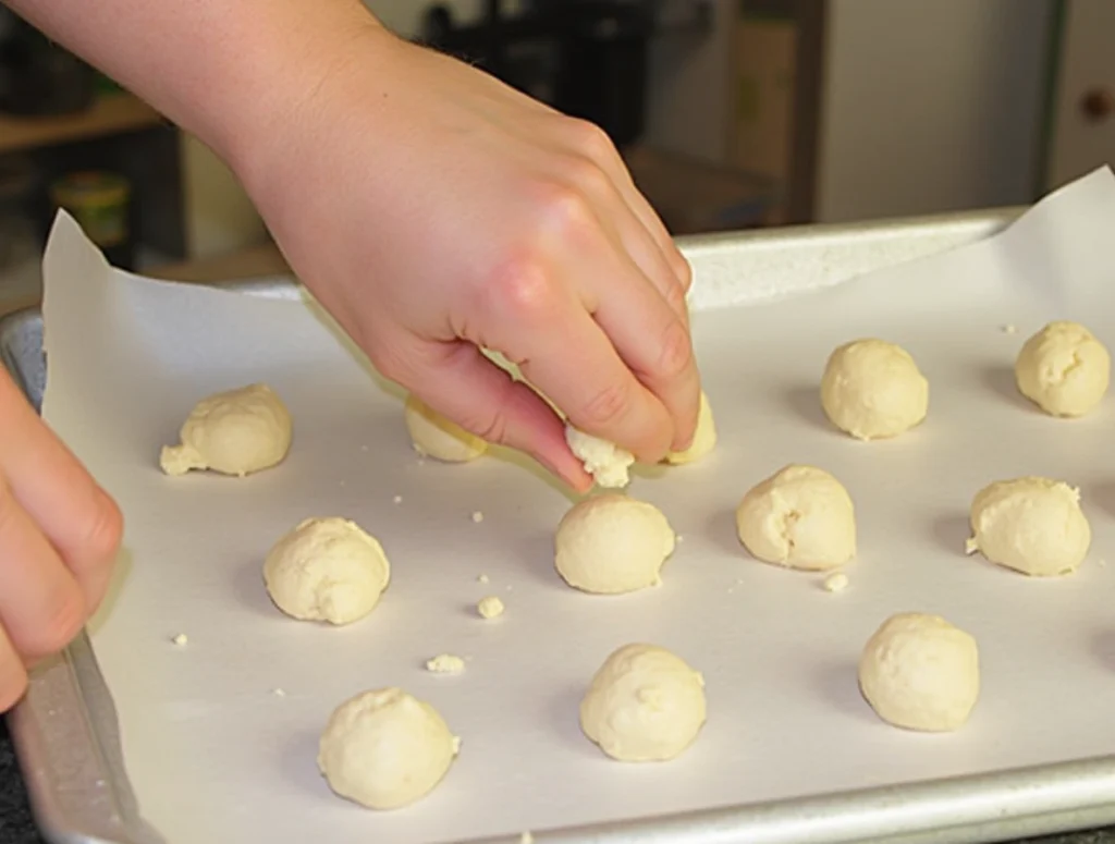 shaping cookies, cookie dough, baking sheet, Italian cookies in progress