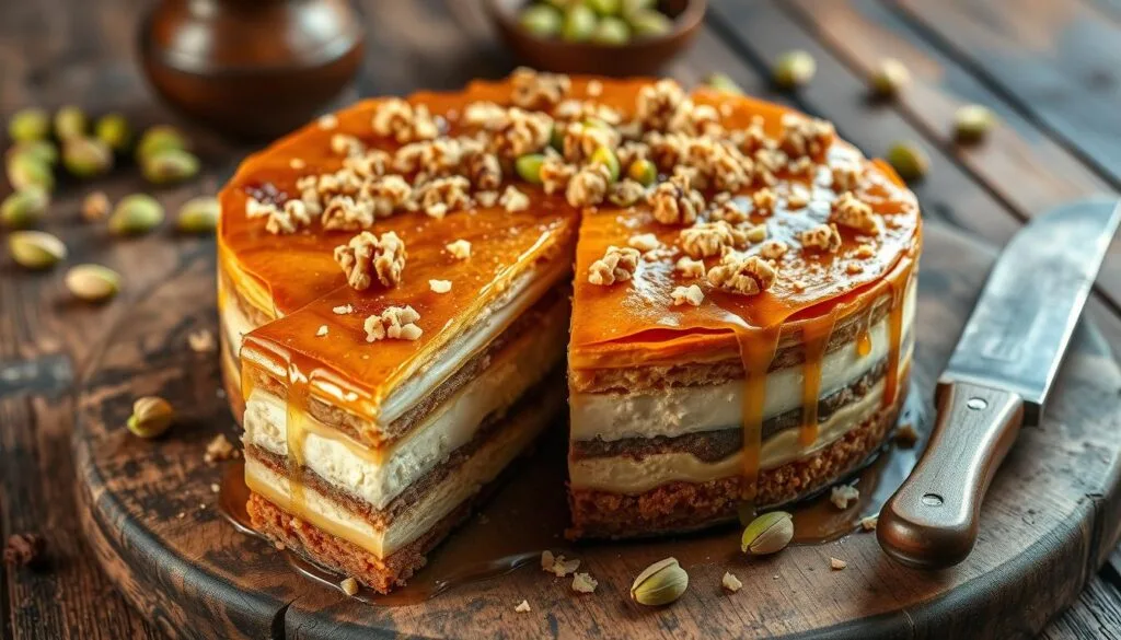 authentic baklava cheesecake with phyllo dough