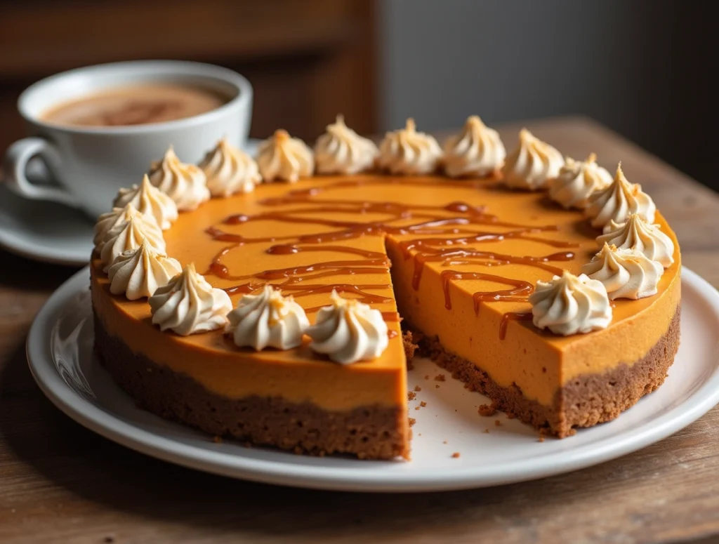 Decorated sweet potato cheesecake with a golden crust